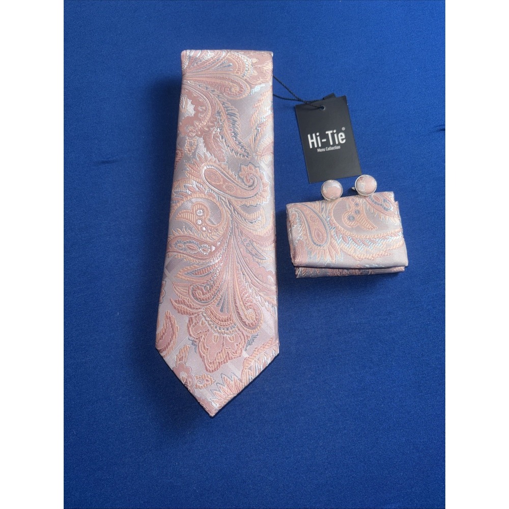 Mens Hi-Tie Paisley Necktie,Pocket Square & Cuff Link Set NWOB Pink Blush